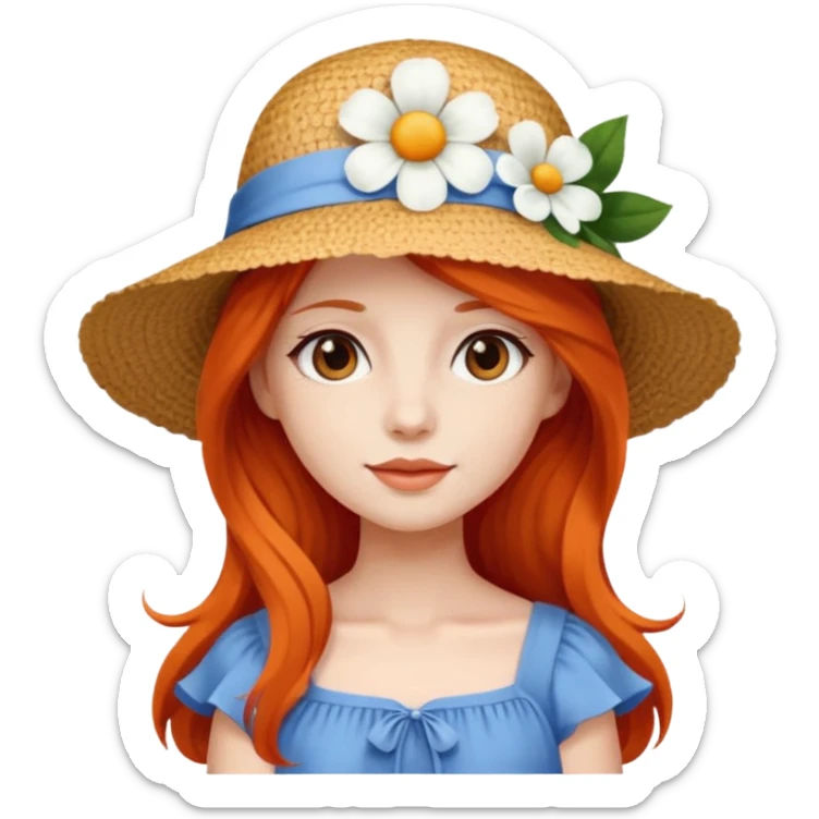 girl_wearing_summer_hat, white flower on hat, red orrange long hair, blue dress sticker