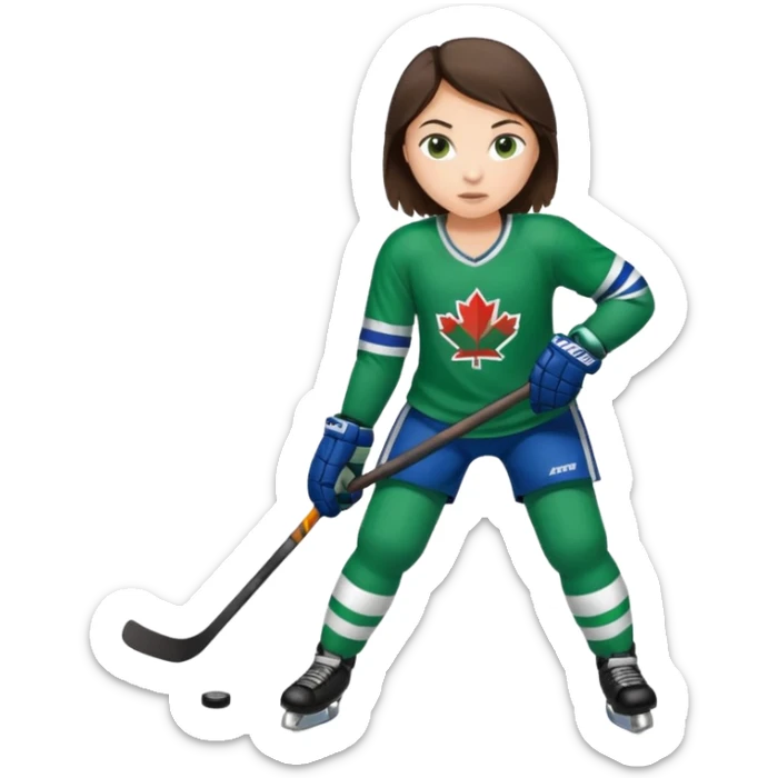 Girl hockey player full body with green jersey brunette sticker