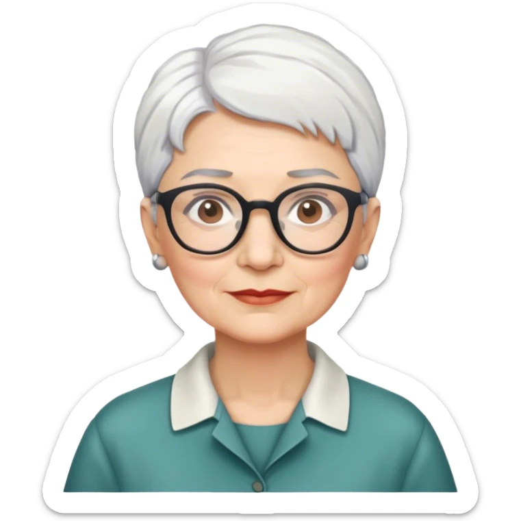 Older anthropologist woman, short cropped white hair, brown brows, glasses  sticker