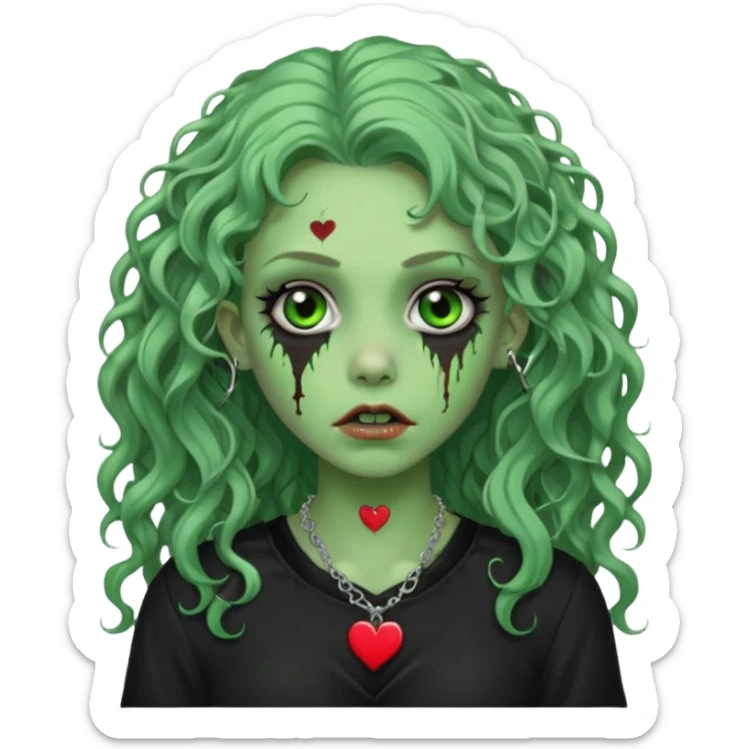a green zombie girl with a scar on her face, long curly hair, wearing a black blouse and a silver necklace with a heart pendant downcast eyes and eyeliner sticker