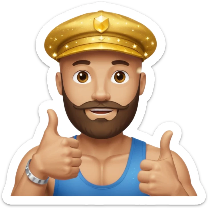 Bald bearded muscular man in cap giving thumbs up, Instagram logo, golden 500, sparkles, minimal emoji style sticker