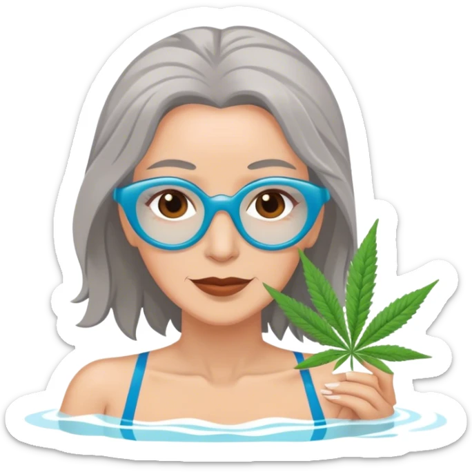 Middle aged, brown eyes, gray haired woman in a swimming pool with marijuna sticker