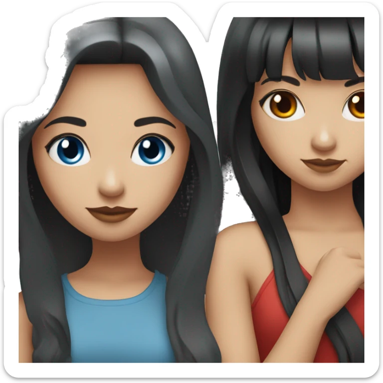 Two girls, one with black long hair, blues eyes and one with red long hair, straight bangs am blues eyes sticker
