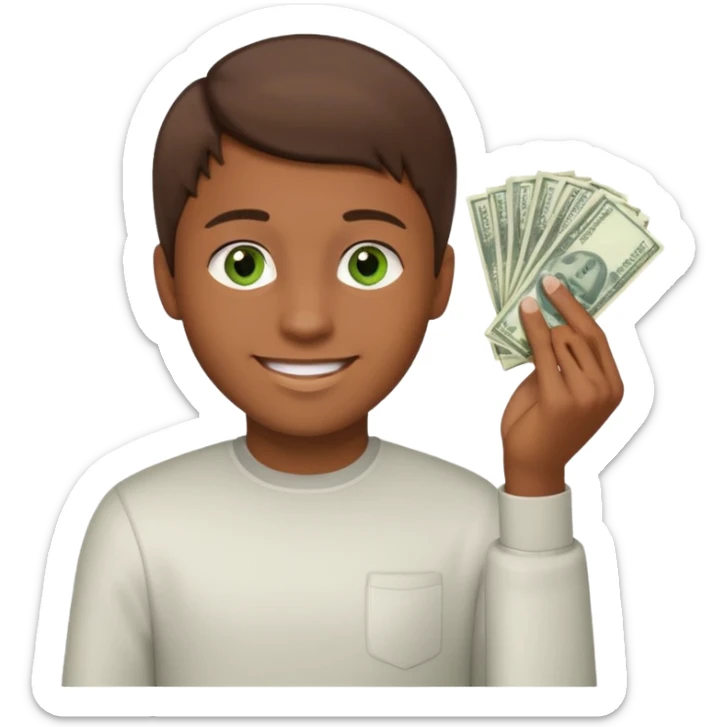 green eyes. handsome. young man. brown skin. brown hair. straight hair. short hair. white race. Holding money with his left hand sticker