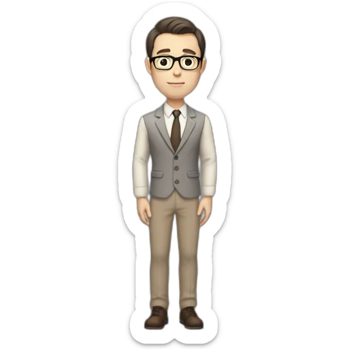 Full height Pale skinned fit man with dark brown hair in gray jacket, beige office shirt, brown tie, brown pants and vintage glasses. His right hand stretched out sticker