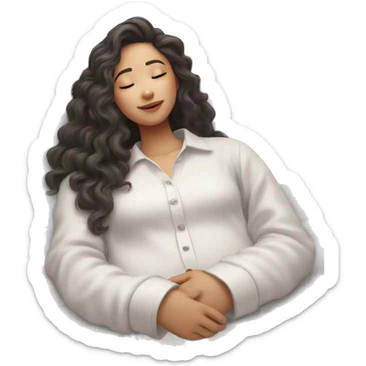 asian girl with curly long hair and white long sleeve shirt fall asleep on bed with one hand out sticker