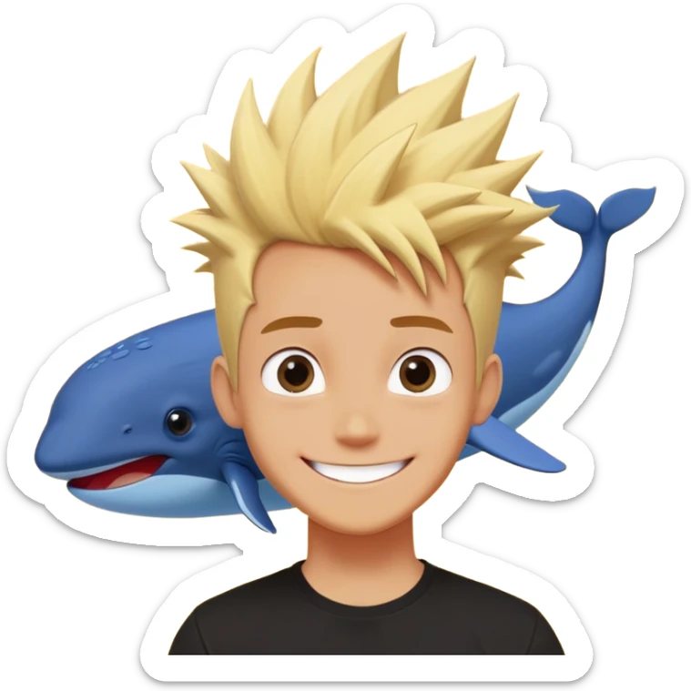 A cartoon-style drawing of a character with spiky blond hair, big eyes and a wide smile, wearing a black t-shirt with a red rectangle in the center, against a yellow background. Above the character's head is a large, fluffy blue whale, floating as if it is levitating or about to fall on him. The overall style of the image is colorful and fun, with clean lines and a touch of digital illustration. sticker