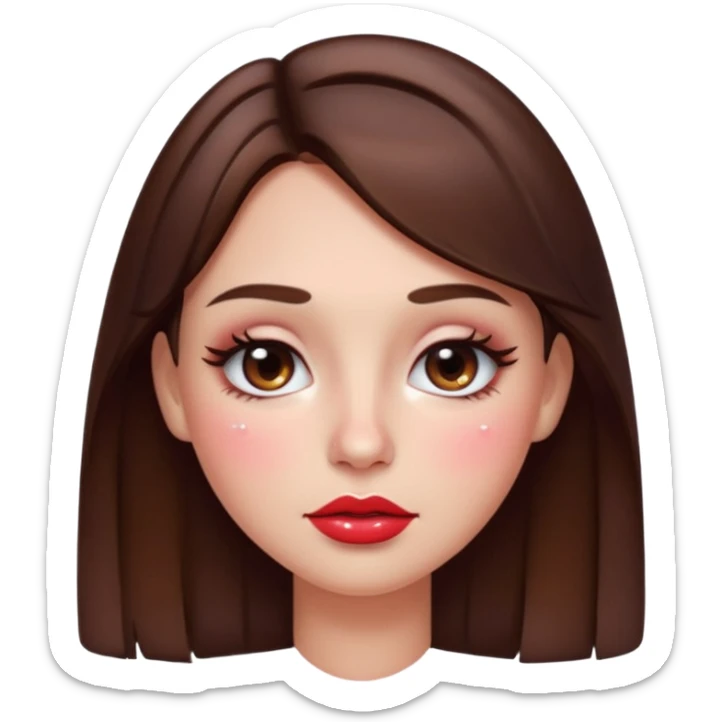 “Emoji brunette girl, dewy skin, heavy blush across cheeks and nose bridge, glossy cherry lips, soft eyeliner, teary sparkling eyes sticker