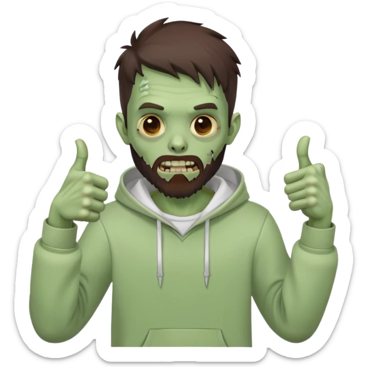 zombie with thumbs up gesture, undercut hairstyle with dark brown hair, short full beard, wearing plain white hoodie sticker