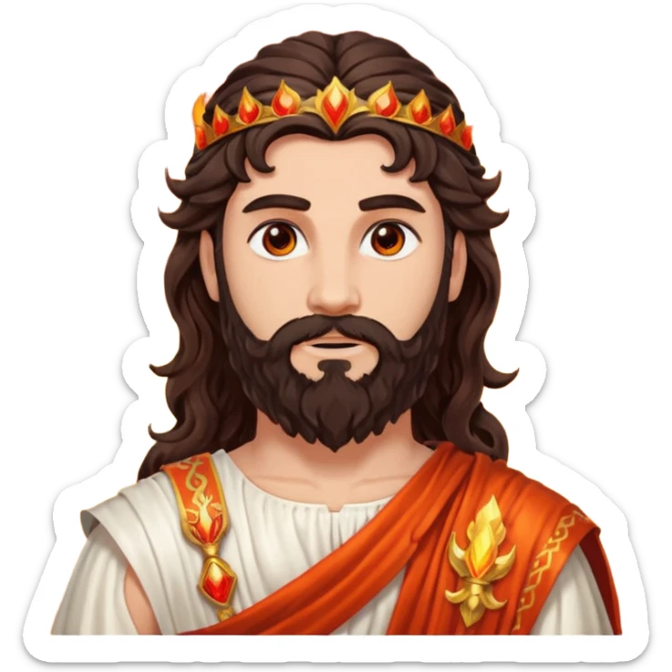 Vulcan, God of Fire from Roman Deities with long dark brown wavy hair and beard, red orange sequin toga  sticker