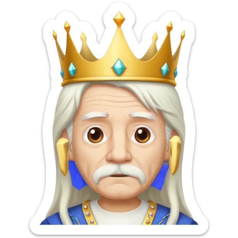 old man with long white hair and has no moustache wearing a white shirt and a crown sticker