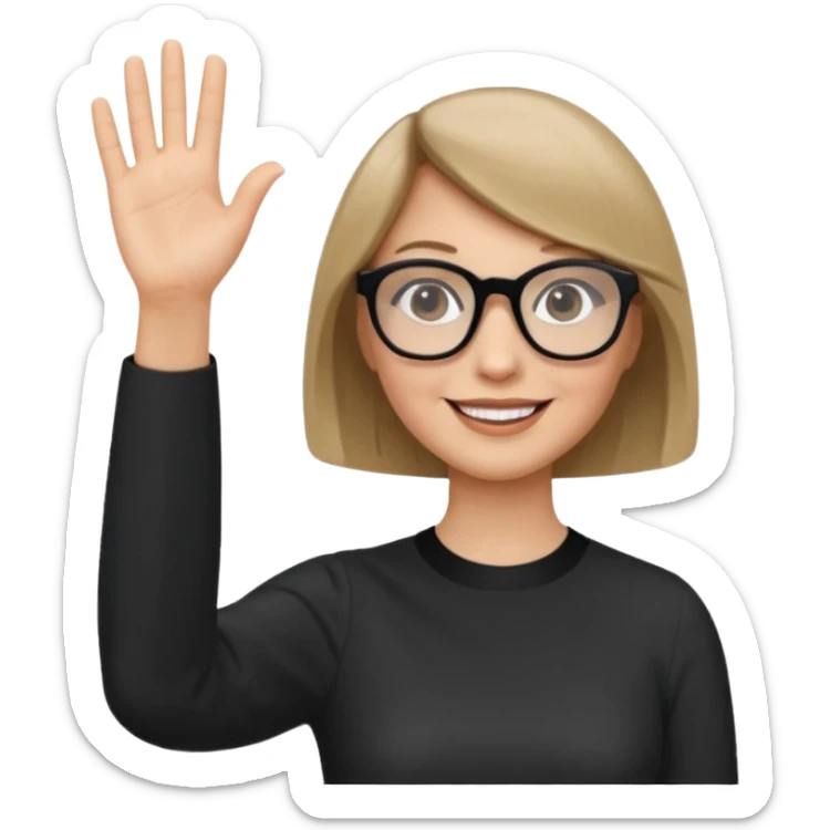woman dark blonde petite bob haircut wears dark squarish glasses, classic clothes, smiling, waving, a tad older sticker