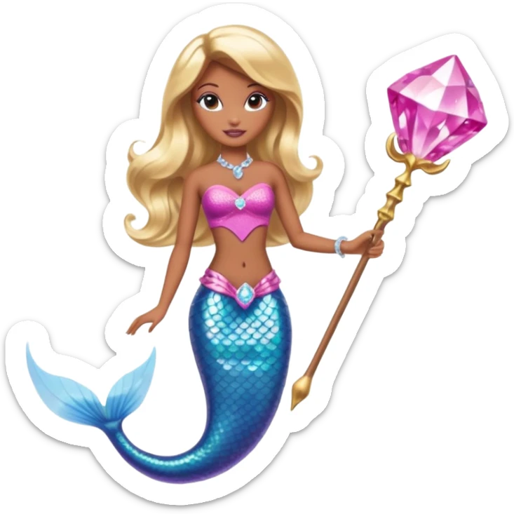 Brown skin blonde hair barbie mermaid with pink diamond tail and wand  sticker
