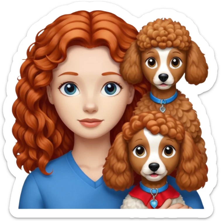 A red head with long hair blue eyes and a light brown poodle dog sticker