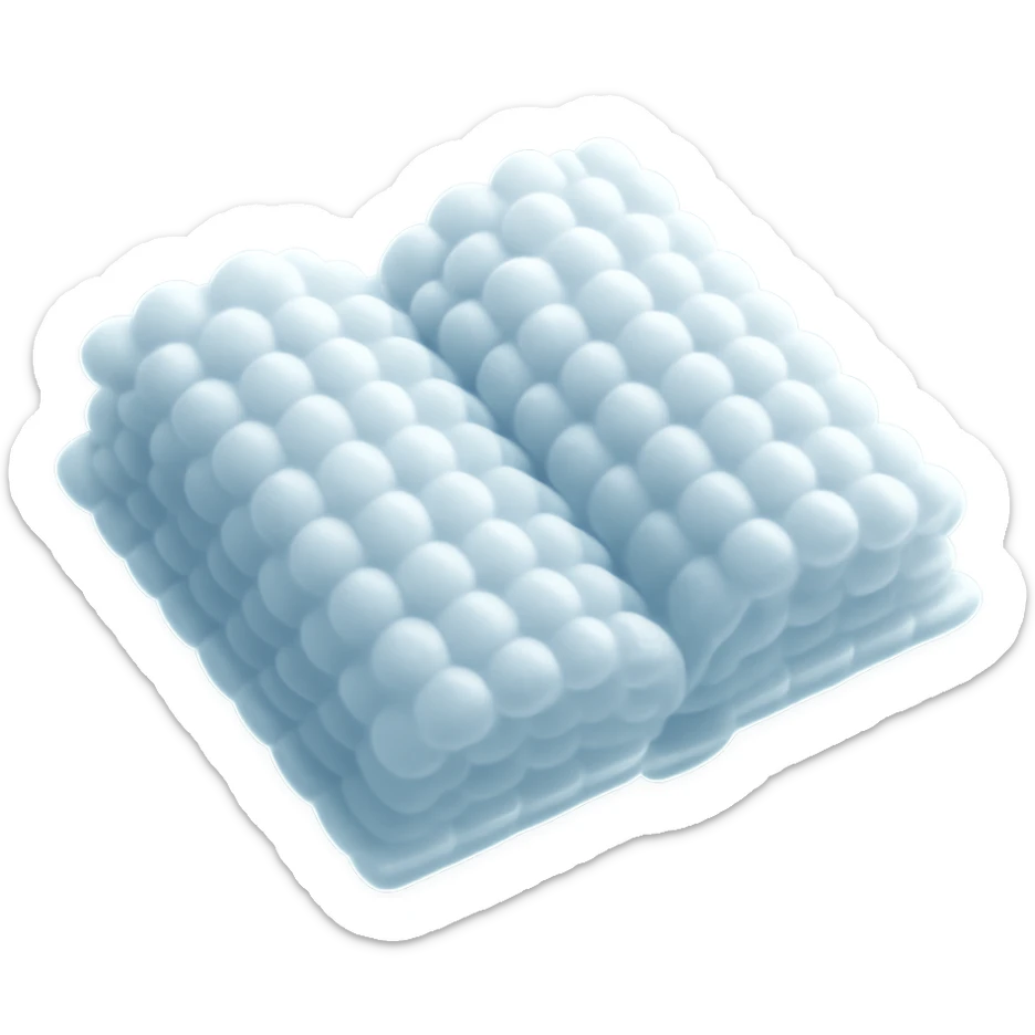 top view of a thick open book made entirely of small, very bright white fluffy convex clouds, matte glass style sticker