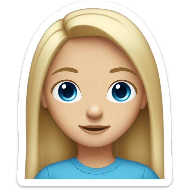A girl with big, blue eyes, shoulder-length straight light hair, wearing a t-shirt sticker