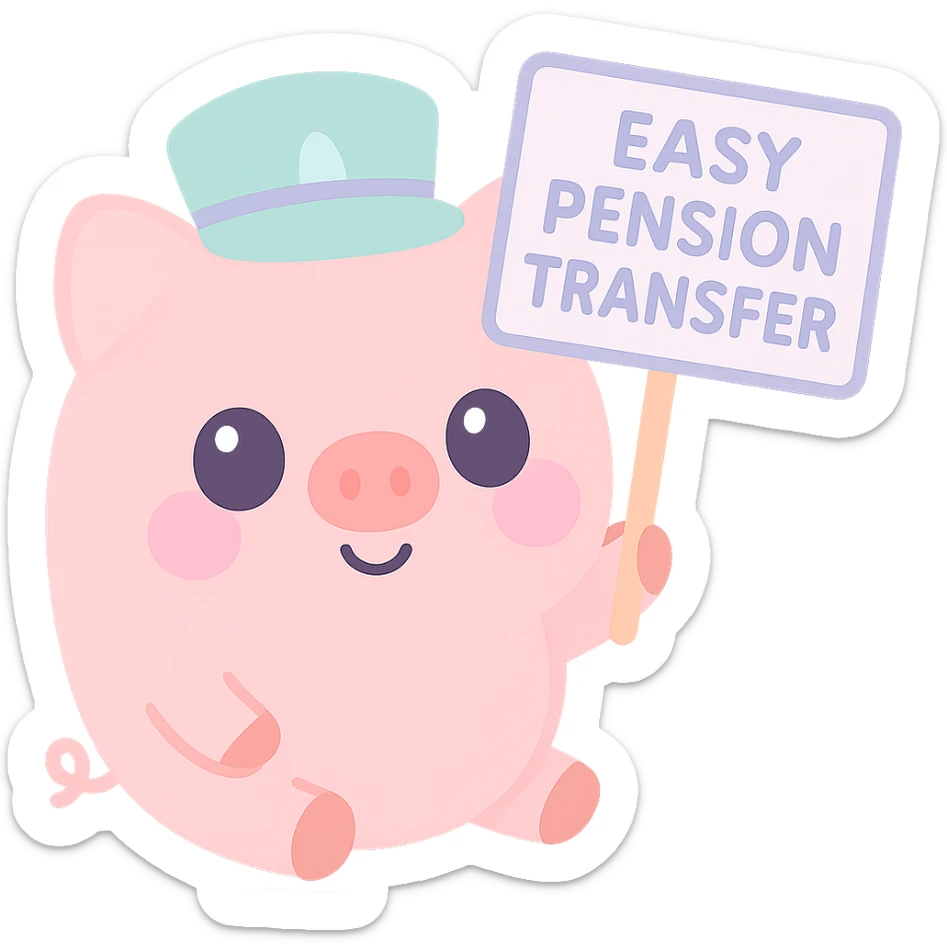 A piggy bank with a happy face, wearing a banker's hat, holding a sign that says 'Easy Pension Transfer', in a friendly and inviting cartoon style. sticker