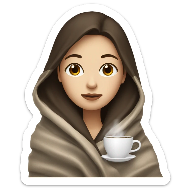 White girl with dark brown hair inside a blanket sipping coffee eyes closed sticker