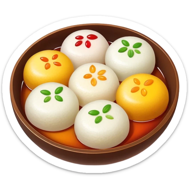 Shanghai Tangyuan sticky rice balls with colorful fillings in syrup, simplified emoji style with bold outlines and bright colors, cartoon style sweet Chinese dessert sticker