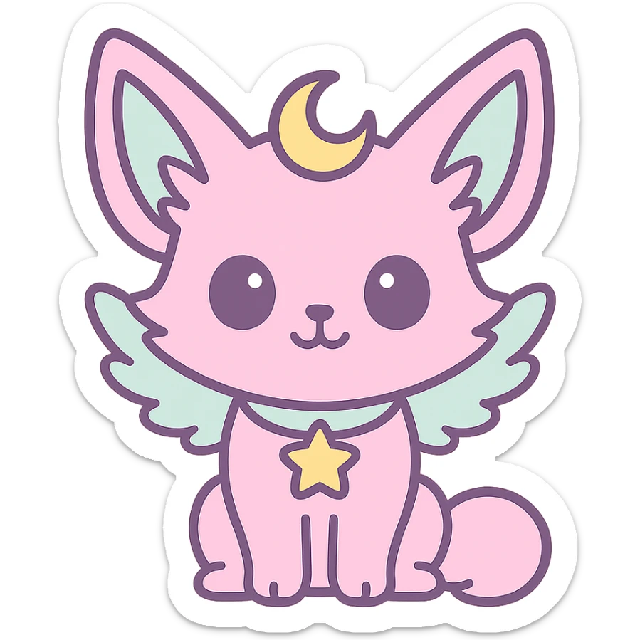 Transformer cette illustration de fennec magique kawaii en emoji expressif, style kawaii, fond transparent, garder les couleurs pastel et les accents féeriques. sticker