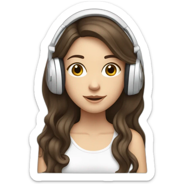 brunette white girl with long hair listening to music with her phone in her hand with white small headphones  sticker