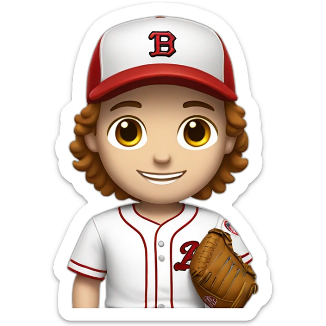 Boy baseball player, white skin, brown hair, smiling. Red cap with a T as its logo, white uniform with red details. sticker