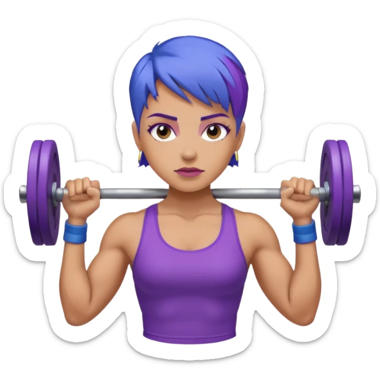 weight lift woman short blue purple har muscles bar is not growing from head sticker