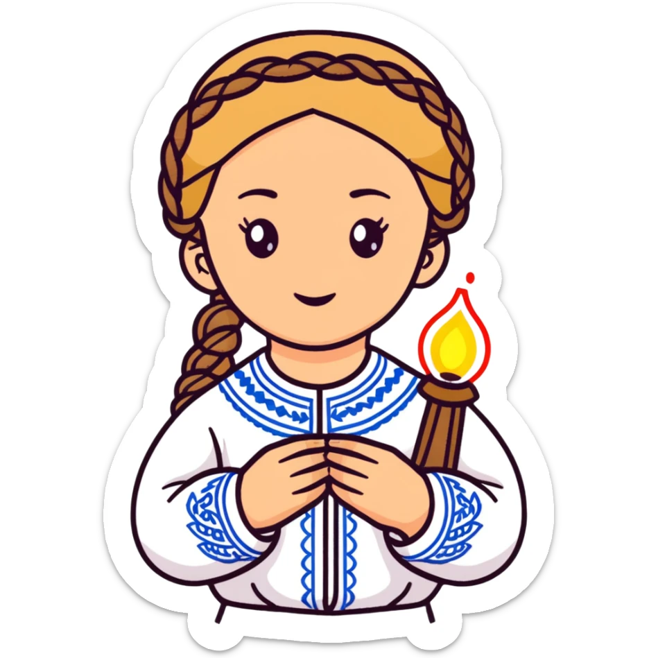 Young Ukrainian girl with braided hair in white traditional embroidered Ukrainian vyshyvanka shirt holding a small glowing light representing the soul sticker