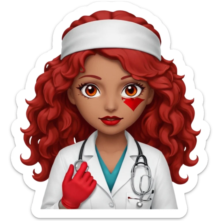 Lilith scalpel in hand, evil surgeon sexy surgeon clothes.  She has red eyes. She brown long curly hair. Wears sexy doctor outfit with red gloves.hair is free and brown  Wears red bandana to hide  her mouth and nose sticker