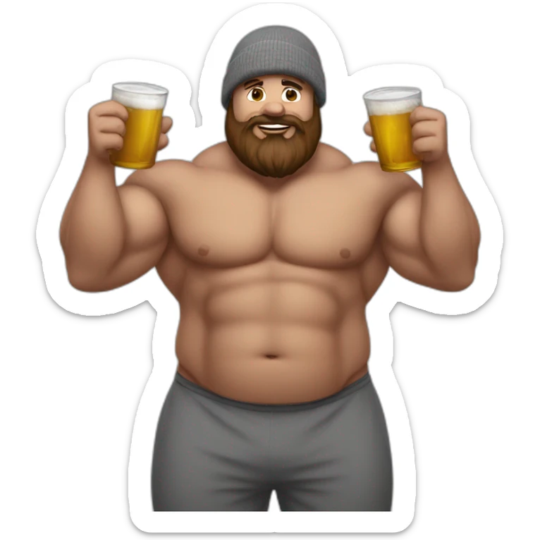 Fat Muscle builder in grey sweats no shirt brown and brown beard red winter hat drinking sticker