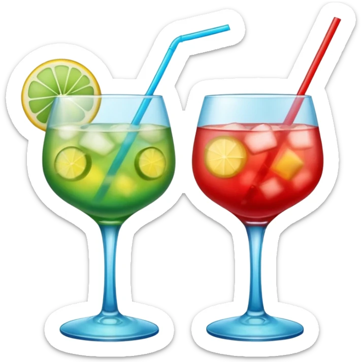 Create two emoji of clear red blended yellow cocktail, cheers with blue blended green cocktail, without any fruit and skewers sticker