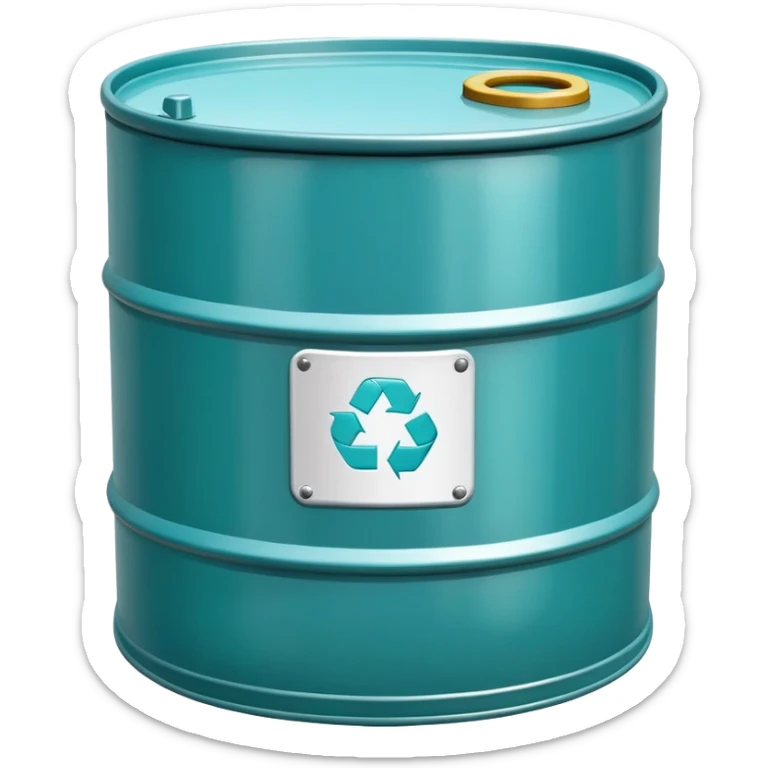 Oil barrel in cool tones with sky blue, teal green, white, and light gray sticker