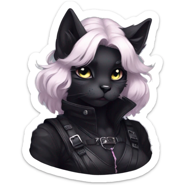 Gorgeous furry gothic dark techwear anime style anthro black cat fursona with blushing face aesthetic and pretty edgy black with collar and harness trending style sticker