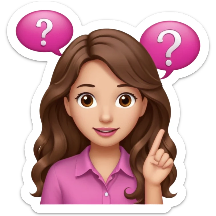 girl with long wavy brown hair, brown eyes, light to medium complexion, in a pink shirt, pink lips, long lashes, confused, question mark one speech bubble sticker