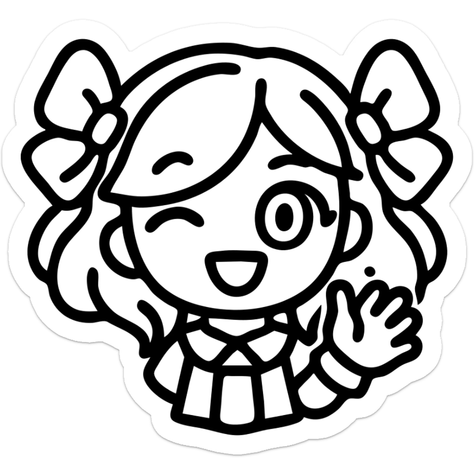 chibi style Gwen from League of Legends, only head, right eye purple, one hand waving with glove, smiling and energetic, outline icon style sticker