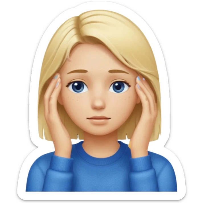 Girl massaging her head with blonde wet hair with anti-dark circles patches in her eyes dressed in a blue sweater sticker