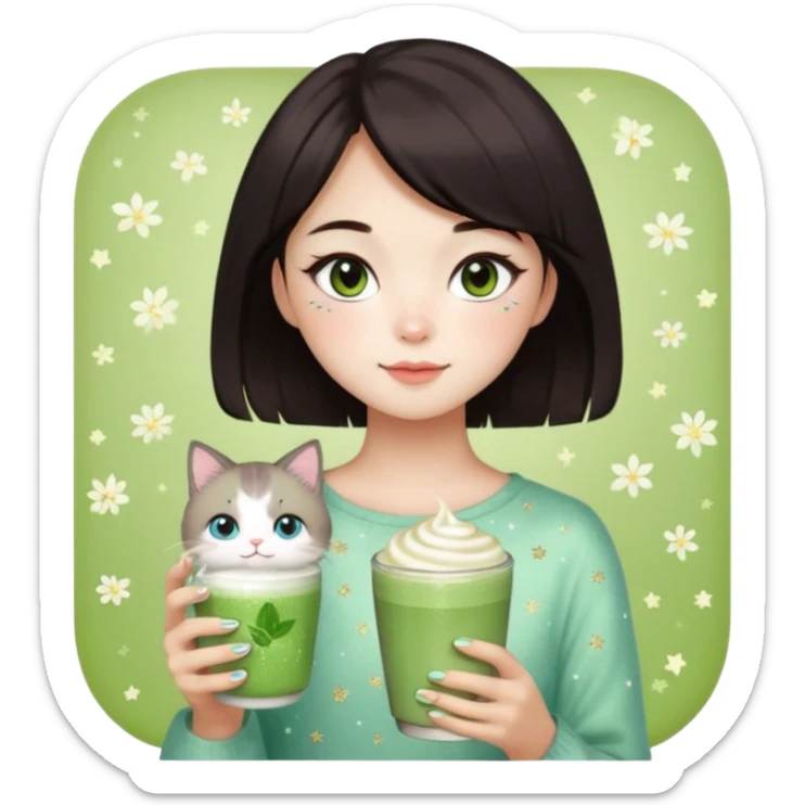 asian girl with shoart dark brown hair with a soft girl glowup aesthetic. matcha latte sparkles girly things, 2 ragdoll cats, skincare, makeup sticker