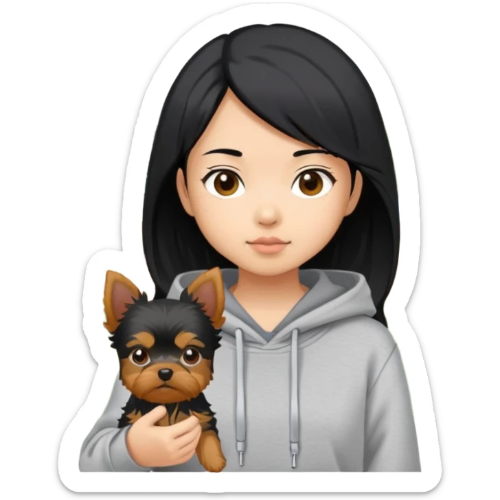 a black-haired asian girl wearing a grey hoodie with a yorkie in a yard sticker