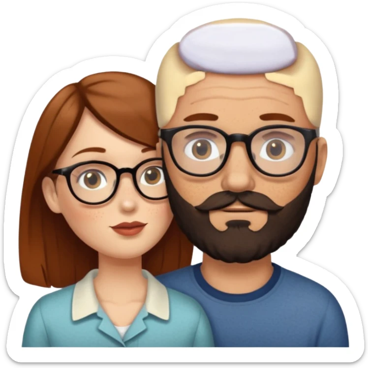 Couple. Bald man with dark brown-black beard. White woman with many small, faded freckles, she has white skin and she has auburn-brown-cinnamon, dark long hair. She has light brown eyes. The man have hazel eyes and glasses. She don’t wear glasses. Retro style. She kisses him. sticker