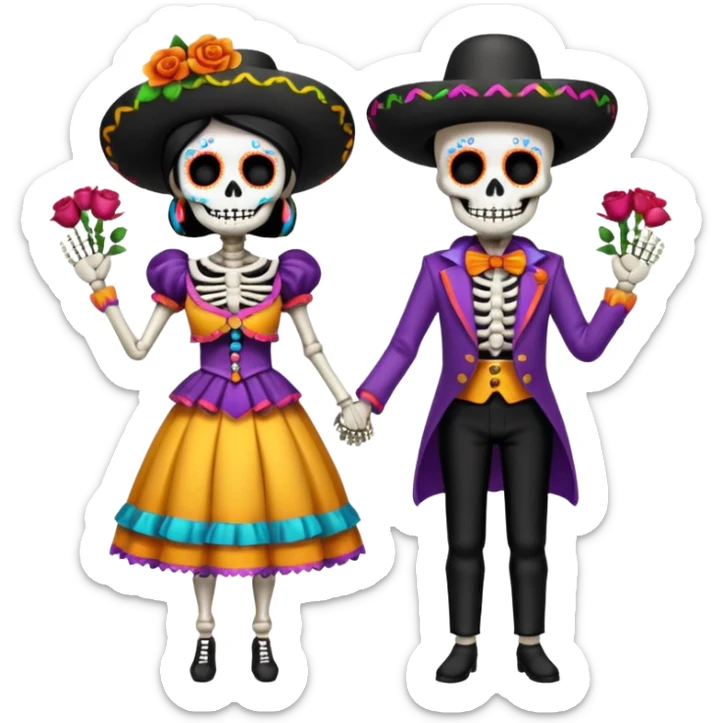 Pareja esqueletos  amantes vestidos de mariachi día de muertos  sticker