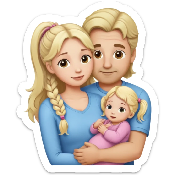 Cute family the mom with blonde long wavy hair, the doughter with blonde two pigtails, the baby and the father with brown short hair hugging each other sticker