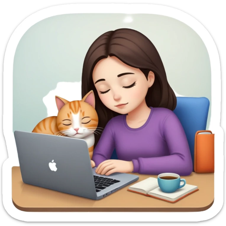 A girl is working hard in front of her laptop, and a cat is sleeping next to it sticker