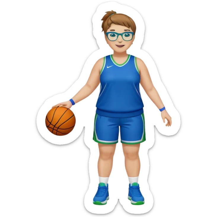 Full Body plus size white female basketball player with short light brown hair with carm highlights spike hair wearing blue glasses  wearing blue green uniform  green sneakers smiling l sticker