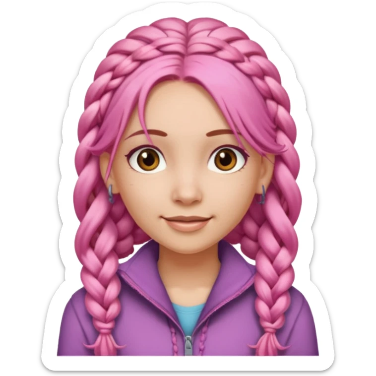 A light-skinned woman with long pink hair styled in braids, brown eyes, and a gentle smile. sticker