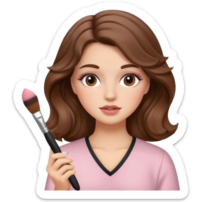 Chica blanca con el cabello de color castaño y ondulado, aplicándose rubor con una brocha de maquillaje en la mano sticker