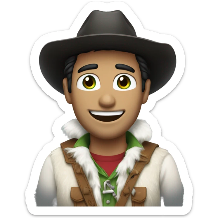 cowboy with black hair and green eyes, white fur and smile sticker
