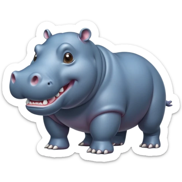 cinematic-hippo-realistic-full-body-side-view-standing-on-all-fours-emoji,-massive-round-frame,-wide-mouthed-grin-exposing-huge-teeth,-head-tilted-dramatically,-thick-greyish blue-hide-glossy, big cute eyes sticker