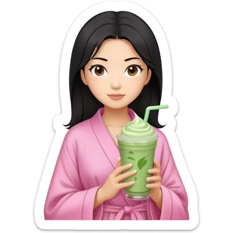 Asian woman, medium hair to shoulders, black hair, brown eyes, pink robe, holding Matcha frappe sticker