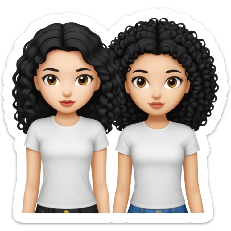 2 pretty bratz fair girls. One has straight black hair and is tan, wearing a white tshirt. One is fair with curly black hair, wearing a black tshirt  sticker