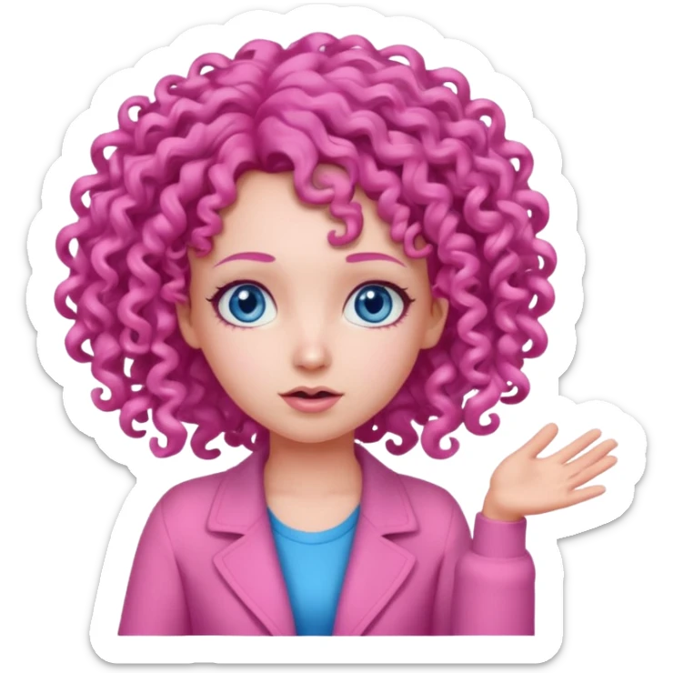 Girl in all pink outfit with pink curly hair and blue eyes shrugging  sticker